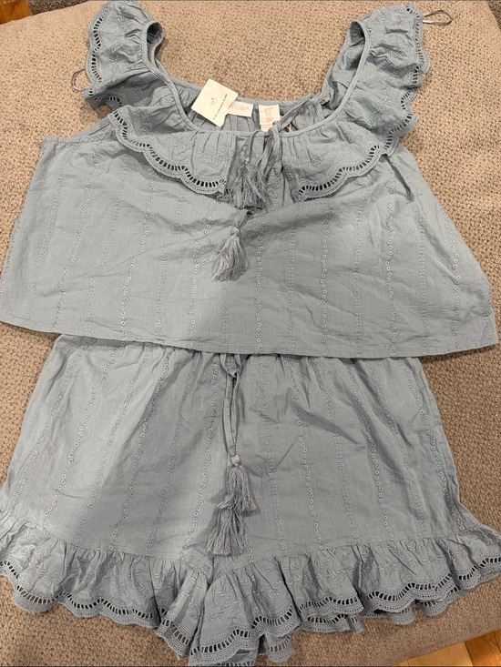 Shabby Chic Other - NWT  Shabby Chic pajama 2-Piece Blue Eyelet Cotton Crop Top & Ruffle Shorts